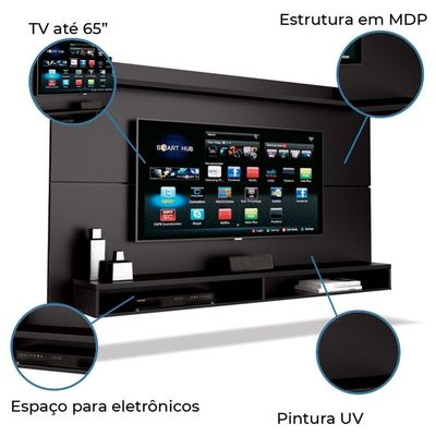 Painel Para Tv Até 65 Polegadas Com Prateleira 1,80m Max Preto Preto