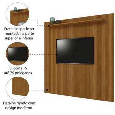 Painel Para Tv Até 75 Polegadas Ripado Impressão 3D Egeo Com Prateleira 2,25M Cedro Edn Cedro