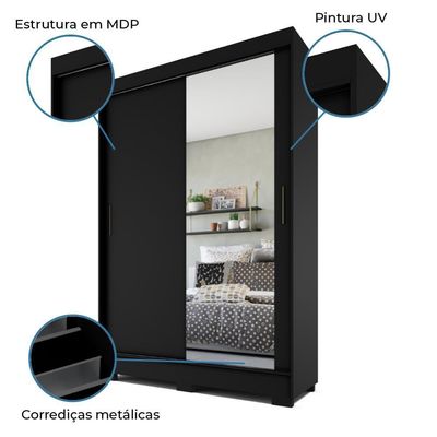 Guarda Roupas Com Espelho 2 Portas De Correr 2 Gavetas Preto