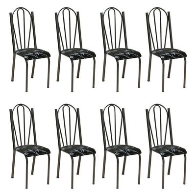 Kit 8 Cadeiras De Cozinha Alasca Estampado Preto Florido Pés De Ferro Cromo Preto - Pallazio