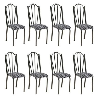 Kit 8 Cadeiras De Cozinha Alasca Estampado Preto Listrado Pés De Ferro Cromo Preto - Pallazio