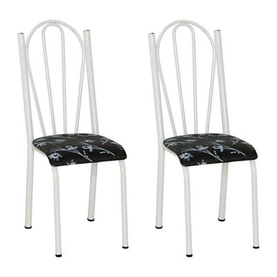 Kit 2 Cadeiras De Cozinha Alasca Estampado Preto Florido Pés De Ferro Branco - Pallazio