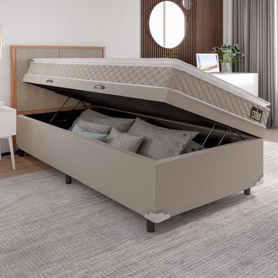 Cama Box Baú Solteiro Colchão D33 Pillow Top Millenium 88x188x57cm Bege Suporta Até 100kg Por Pessoa