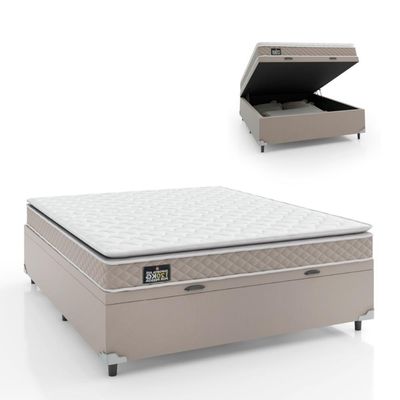 Cama Box Baú Casal Colchão D33 Pillow Top Millenium 138x188x57cm Bege - Suporta Até 100kg Por Pessoa