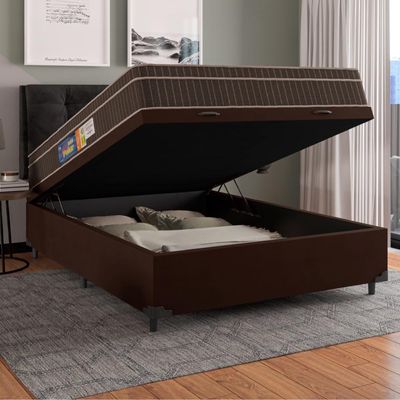 Cama Box Baú Casal Colchão Espuma Orthoface Polar 138x188x66m Marrom - Suporta Até 120kg Por Pessoa