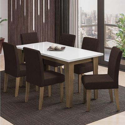 Conjunto De Mesa Sala De Jantar Miami Com 6 Cadeiras Trieste Suede 1,60m Cedro / Off White / Chocola