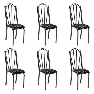 Kit 6 Cadeiras De Cozinha Alasca Estampado Preto Florido Pés De Ferro Cromo Preto - Pallazio