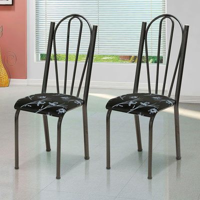 Kit 6 Cadeiras De Cozinha Alasca Estampado Preto Florido Pés De Ferro Cromo Preto - Pallazio