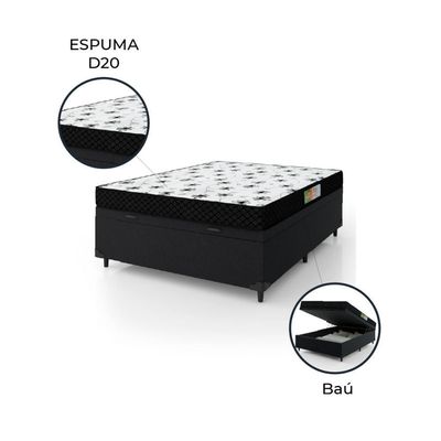 Cama Box Com Baú Casal Colchão Espuma 138X188X53Cm Polar Branco / Preto Preto