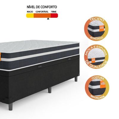 Cama Box Solteiro Baú Colchão Molas Qatar 88x188x63cm Branco / Preto - Suporta Até 150kg Preto
