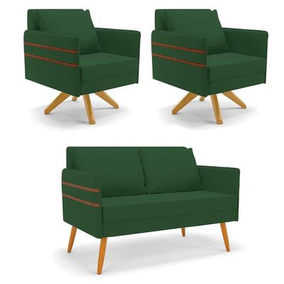 Kit 01 Namoradeira 02 Lugares E 02 Poltronas Mari Veludo Verde Base De Madeira Ma30 - D'Rossi
