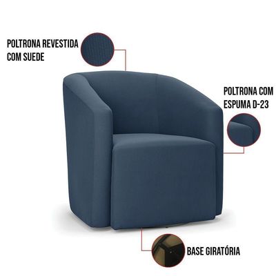Poltrona Stella Max Suede Azul Marinho Base Giratória - D'rossi