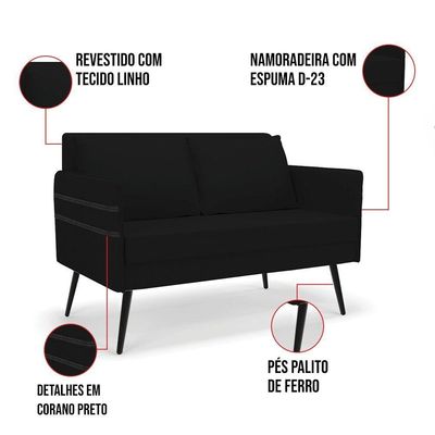 Kit 01 Namoradeira E 02 Poltronas Linho Preto A79