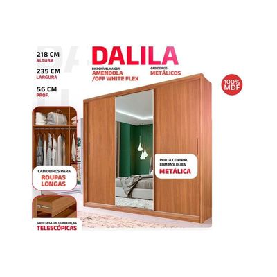 Guarda Roupas 3 Portas De Correr 4 Gavetas 5 Prateleiras C- Espelho Dalila Amêndola-off White