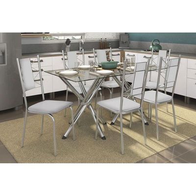 Kit Mesa Volga C- Tampo de Vidro 150cm + 6 Cadeiras Lisboa Cromada Branco