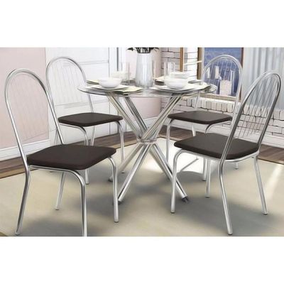 Kit Mesa Volga C- Tampo Vidro 95cm + 4 Cadeiras Noruega Cromado Courano Preto