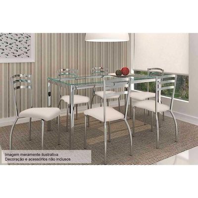 Kit Mesa Reno C- Tampo de Vidro 150cm + 6 Cadeiras Portugal Cromada Nude