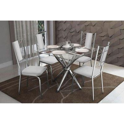 Kit Mesa Volga C- Tampo de Vidro 90cm + 4 Cadeiras Lisboa Cromada Branco