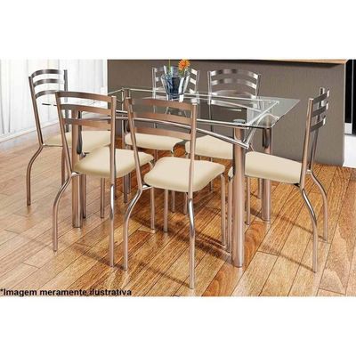 Kit Mesa Elba C- Tampo de Vidro 150cm + 6 Cadeiras Portugal Cromada Nude
