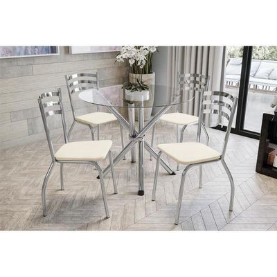 Kit Mesa Volga C- Tampo Vidro 95cm + 4 Cadeiras Portugal Cromado Courano Nude
