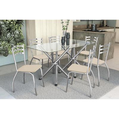 Kit Mesa Volga C- Tampo Vidro 150cm + 6 Cadeiras Portugal Cromada Nude