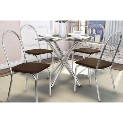 Kit Mesa Volga C- Tampo de Vidro 95cm + 4 Cadeiras Noruega Cromado Marrom