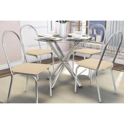 Kit Mesa Volga C- Tampo Vidro 95cm + 4 Cadeiras Noruega Cromada Nude
