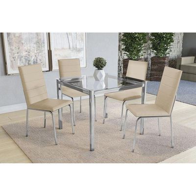 Kit Mesa Reno C- Tampo Vidro 90cm + 4 Cadeiras Amsterdã Cromado Courano Nude