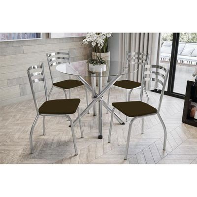 Kit Mesa Volga C- Tampo de Vidro 95cm + 4 Cadeiras Portugal Cromado Marrom