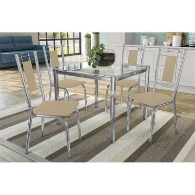 Kit Mesa Reno C- Tampo Vidro 90cm + 4 Cadeiras Florença Cromada Nude