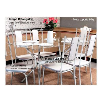 Kit Mesa Reno C- Tampo Vidro 150cm + 6 Cadeiras Florença Cromado Courano Nude
