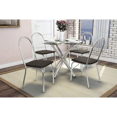 Kit Mesa Volga C- Tampo Vidro 95cm + 4 Cadeiras Noruega Cromado Marrom
