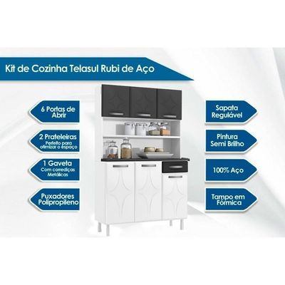 Kit De Cozinha Compacta Rubi Smart C/6 Portas E 1 Gaveta 105cm Branco/preto - Telasul