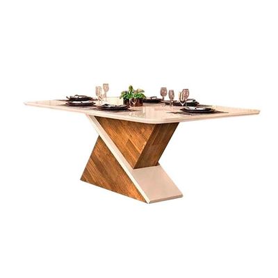 Mesa Para Cozinha Zafira + Tampo Madeirado Vidro Curvo 200x100cm Off White - Dj Móveis
