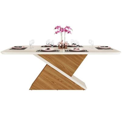Mesa Para Cozinha Zafira + Tampo Madeirado Vidro Curvo 200x100cm Off White - Dj Móveis
