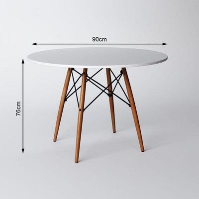 Conjunto De Mesa De Jantar Eames Eiffel Redonda 90cm Tampo De Madeira Branco Com 4 Cadeiras Brancas