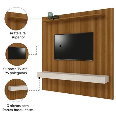 Painel Para Tv Até 75 Polegadas Ripado Impressão 3D Egeo Com Nicho 2,25M Cedro Off White Edn Cedro