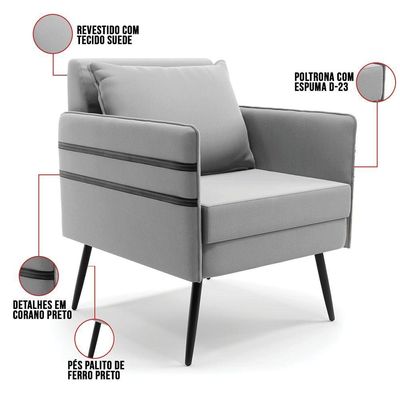 Kit 01 Namoradeira E 02 Poltronas Suede Cinza