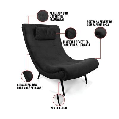 Kit 01 Poltrona E 01 Puff Sher Suede Preto De Ferro