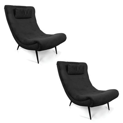 Kit 02 Poltronas Sher Suede Preto Pés Palito De Ferro