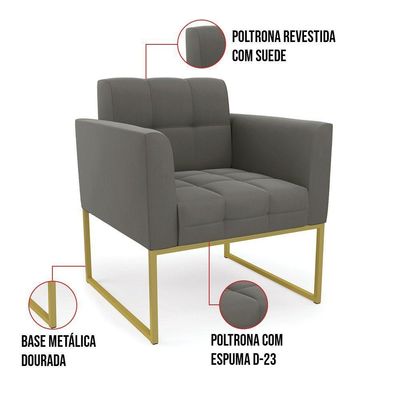 Poltrona Elisa Suede Grafite Base Metálica Industrial Dourada - D'rossi