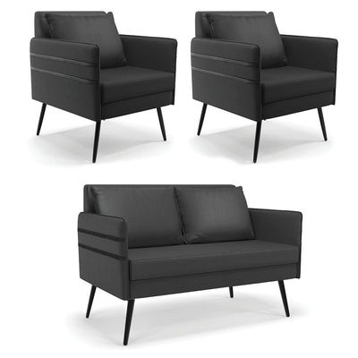 Kit 01 Namoradeira E 02 Poltronas Corino Preto