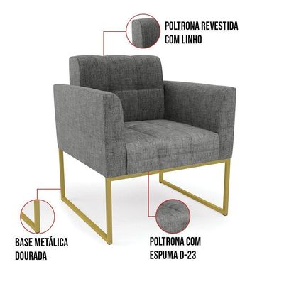 Poltrona Elisa Linho Grafite A26 Base Metálica Industrial Dourada - D'rossi