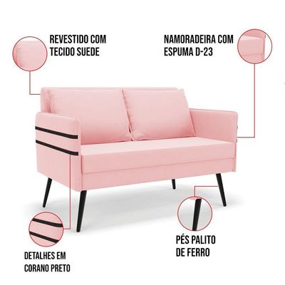 Kit 01 Namoradeira E 02 Poltronas Suede Rosa Bebê