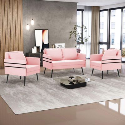 Kit 01 Namoradeira E 02 Poltronas Suede Rosa Bebê