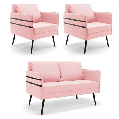 Kit 01 Namoradeira E 02 Poltronas Suede Rosa Bebê