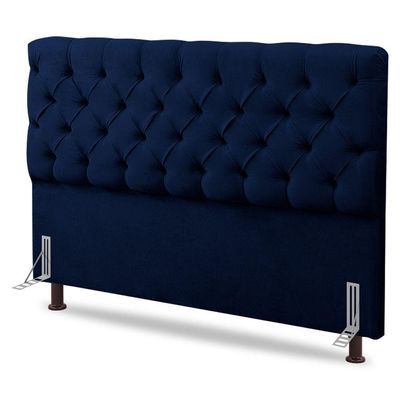 Cabeceira Cama Box Casal Lylla 140cm Capitonê Com Frame Veludo Azul Marinho - Desk Design