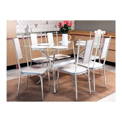 Kit Mesa Loire C- Tampo de Vidro 150cm + 6 Cadeiras Lisboa Cromada Branco