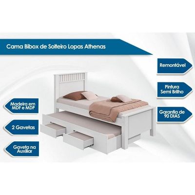 Cama Solteiro Athenas 2 Gavetas C/Auxiliar Branco - Lopas