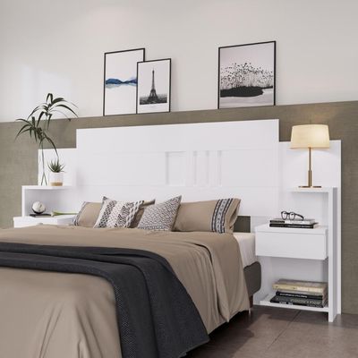 Cabeceira Casal Extensível c/2 Mesas De Apoio Branco Branco